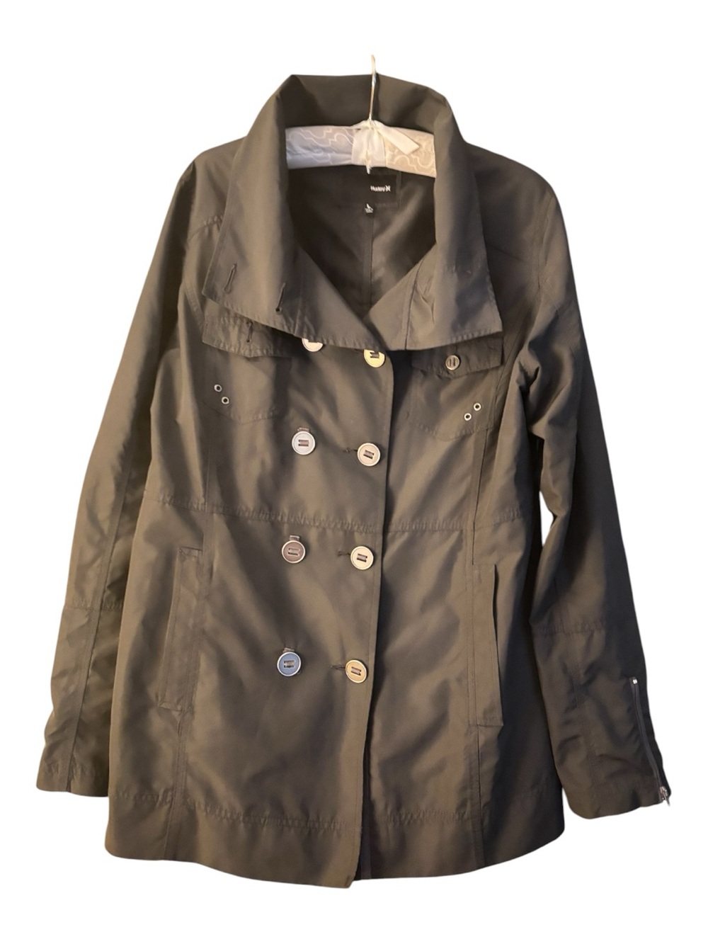 Hurley Black Short Trench Rain Coat with Double-Breasted Buttons Size L